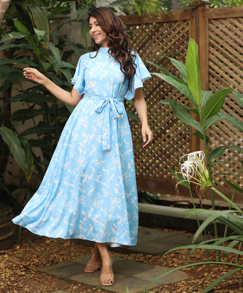 Sleeve Flared Waist Tie Printed Dress